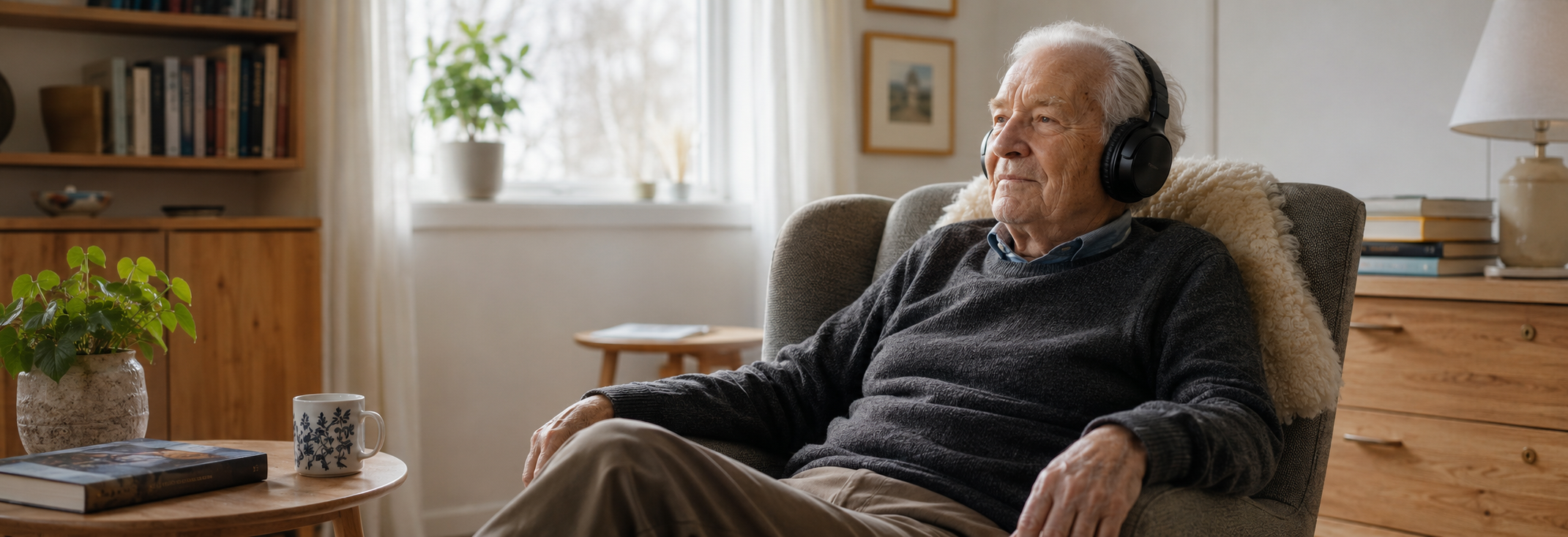 Ældre mand lytter til podcast med høretelefoner