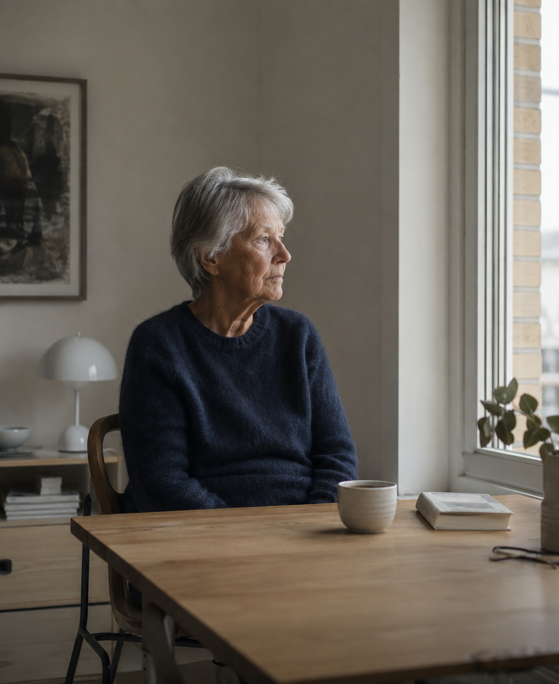 Ældre borger sidder alene ved vinduet